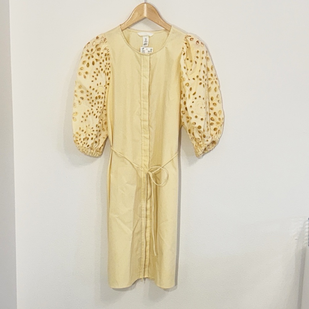 H&M NEW Yellow Eyelet Dress With Belt, Puff Sleeves New With Tags! size Small - Picture 2 of 6